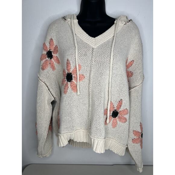 New Pol Ivory V-Neck Floral Pattern Chenille Oversized Sweater Size Medium - Picture 1 of 9
